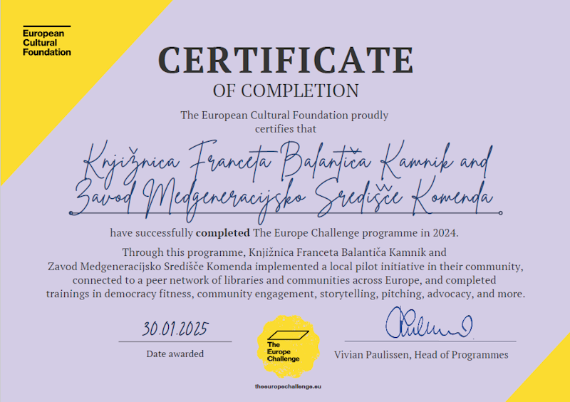 Prejeli smo certifikat Evropskega kulturnega sklada za projekt Skupaj: medgeneracijsko sodelovanje
