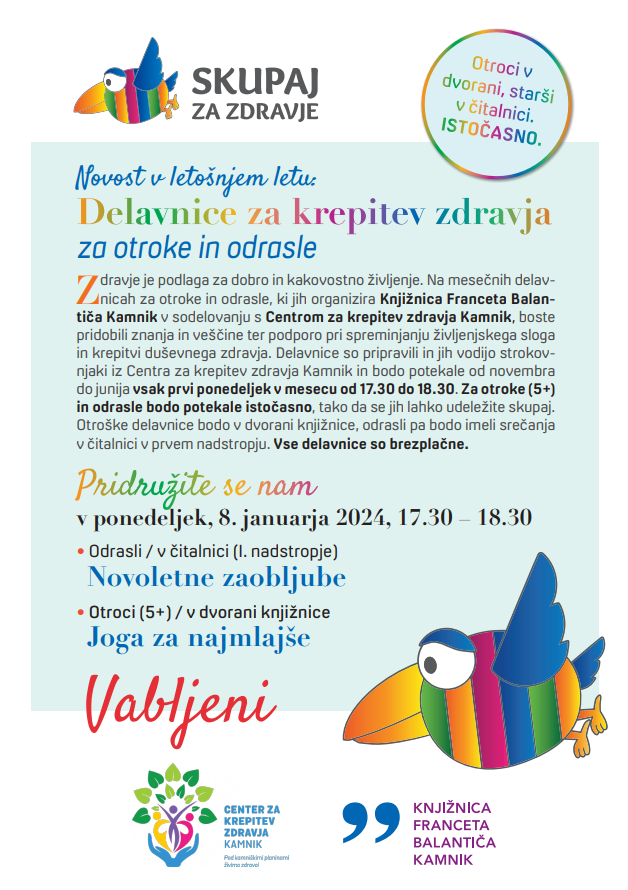 Vabilo na delavnico za krepitev zdravja, na katerem je program in logotipi.