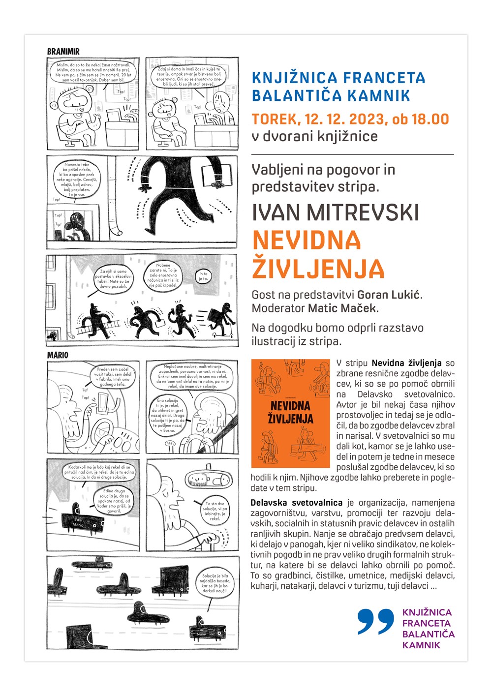 Vabilo na pogovor z avtorjem z izseki iz stripa Nevidna življenja.