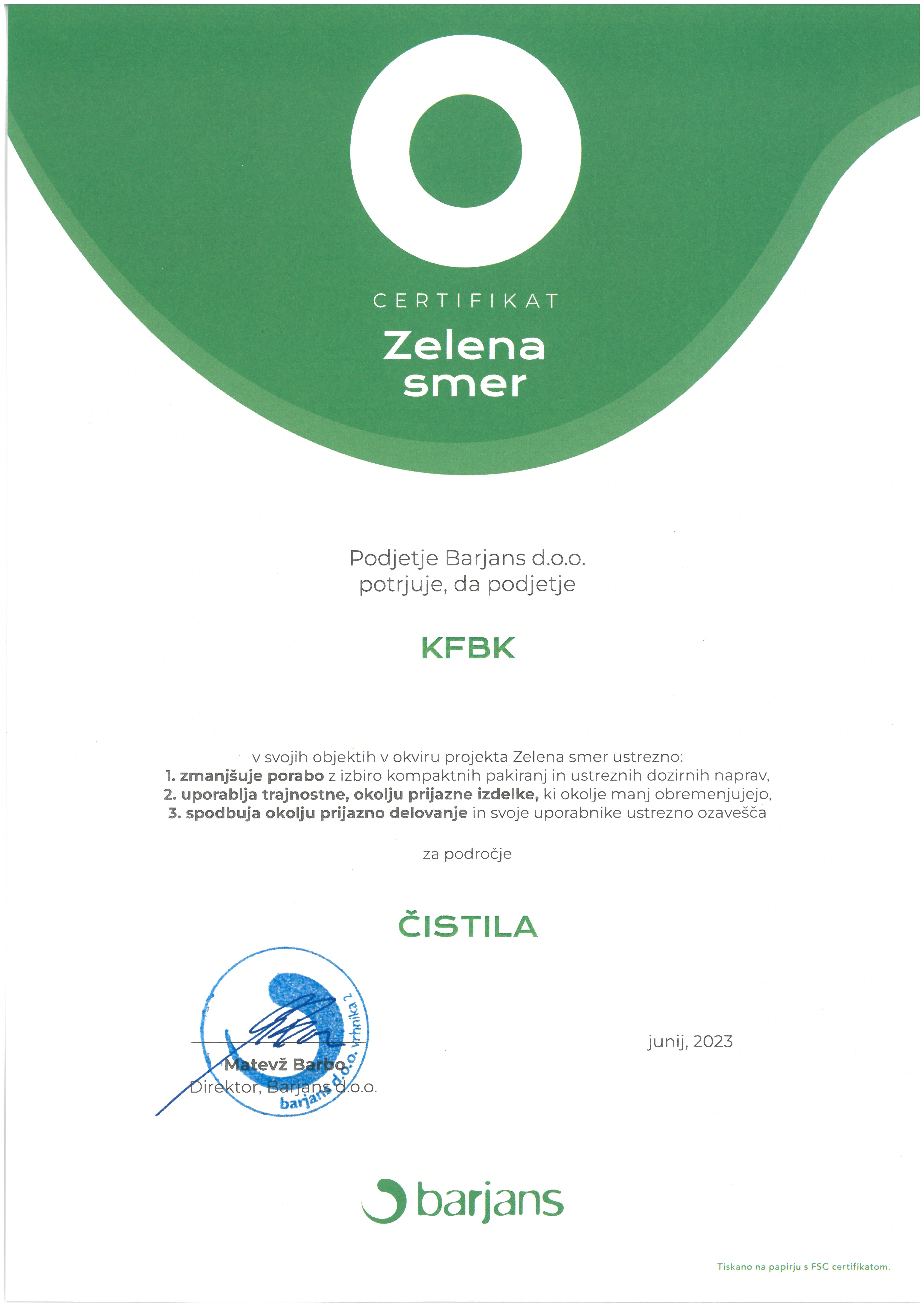 Certifikat Zelena smer, ki ga je pod podjetja Barjans prejela knjižnica. 