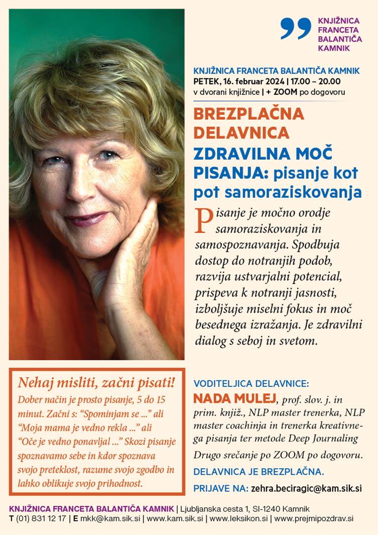 Vabilo na brezplačno delavnico kreativnega pisanja z Nado Mulej.