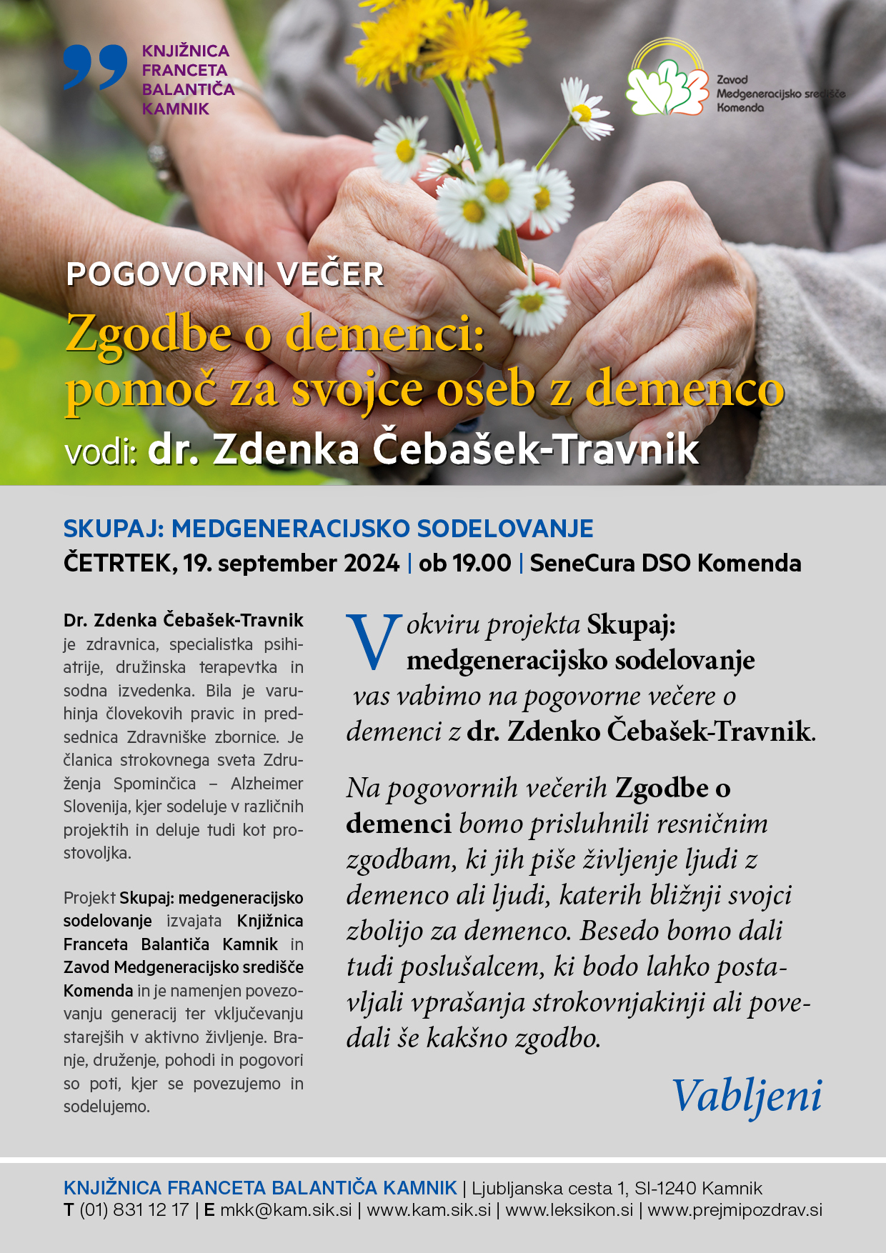 Vabilo na pogovorni večer z dr. Zdenko Čebašek - Travnik o pomoči za svojce oseb z demenco.