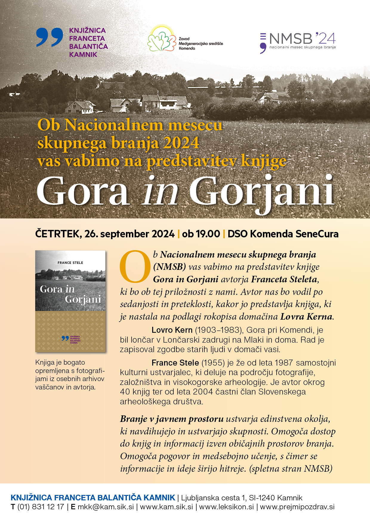 Vabilo na predstavitev knjige Gora in Gorjani.