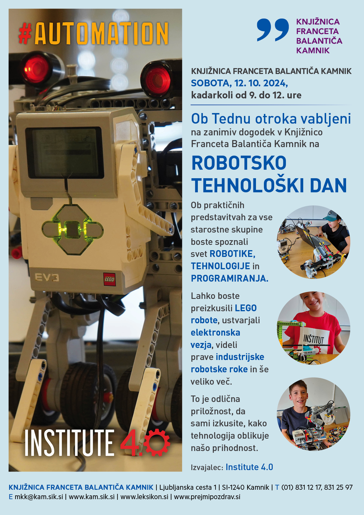 Vabilo na Robotsko tehnološki dan v Knjižnici Franceta Balantiča Kamnik.