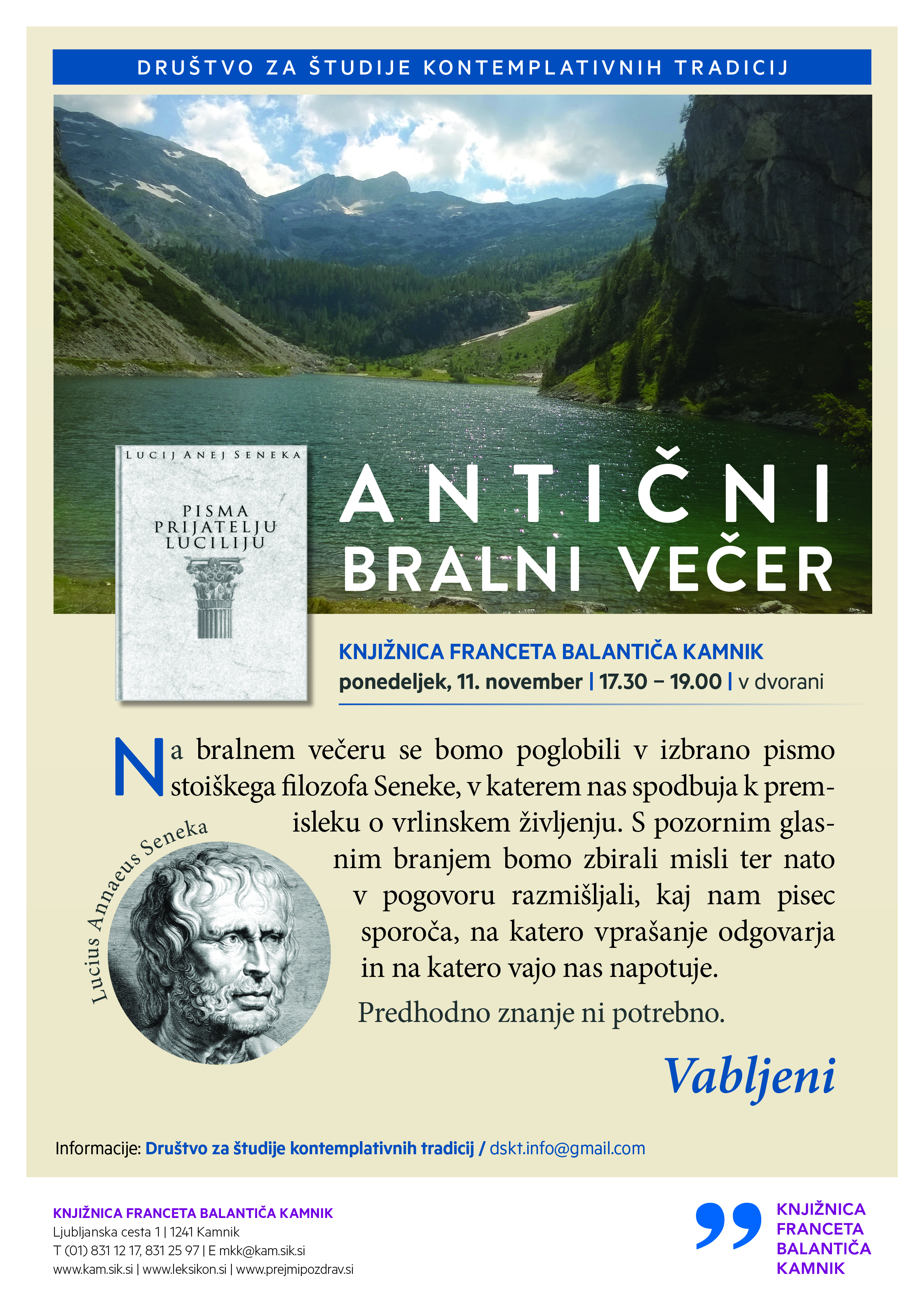 Vabilo na antični bralni večer, na katerem se bomo poglobili v izbrano pismo stoiškega filozofa Seneke.