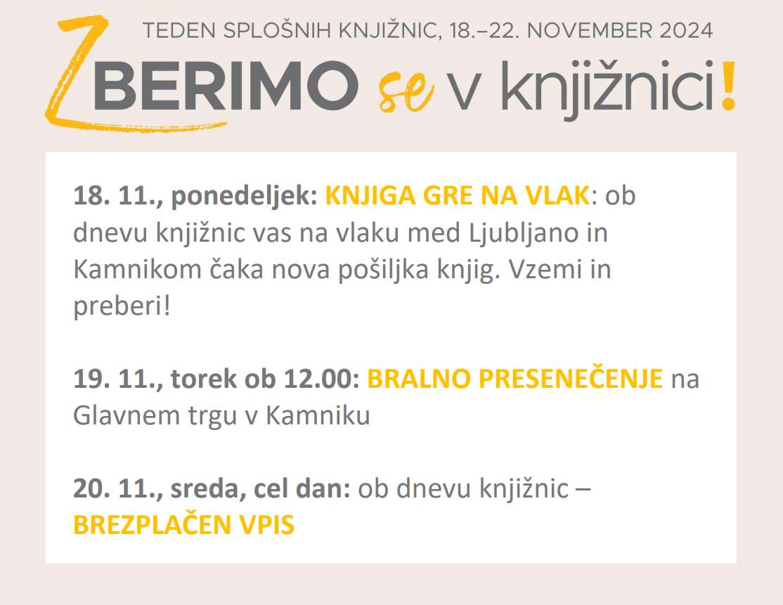 Dogodki v Tednu splošnih knjižnic v Knjižnici Franceta Balantiča Kamnik.