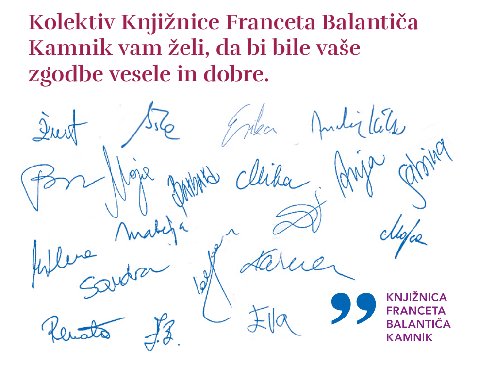 Voščilo kolektiva kamniške knjižnice s podpisi zaposlenih.