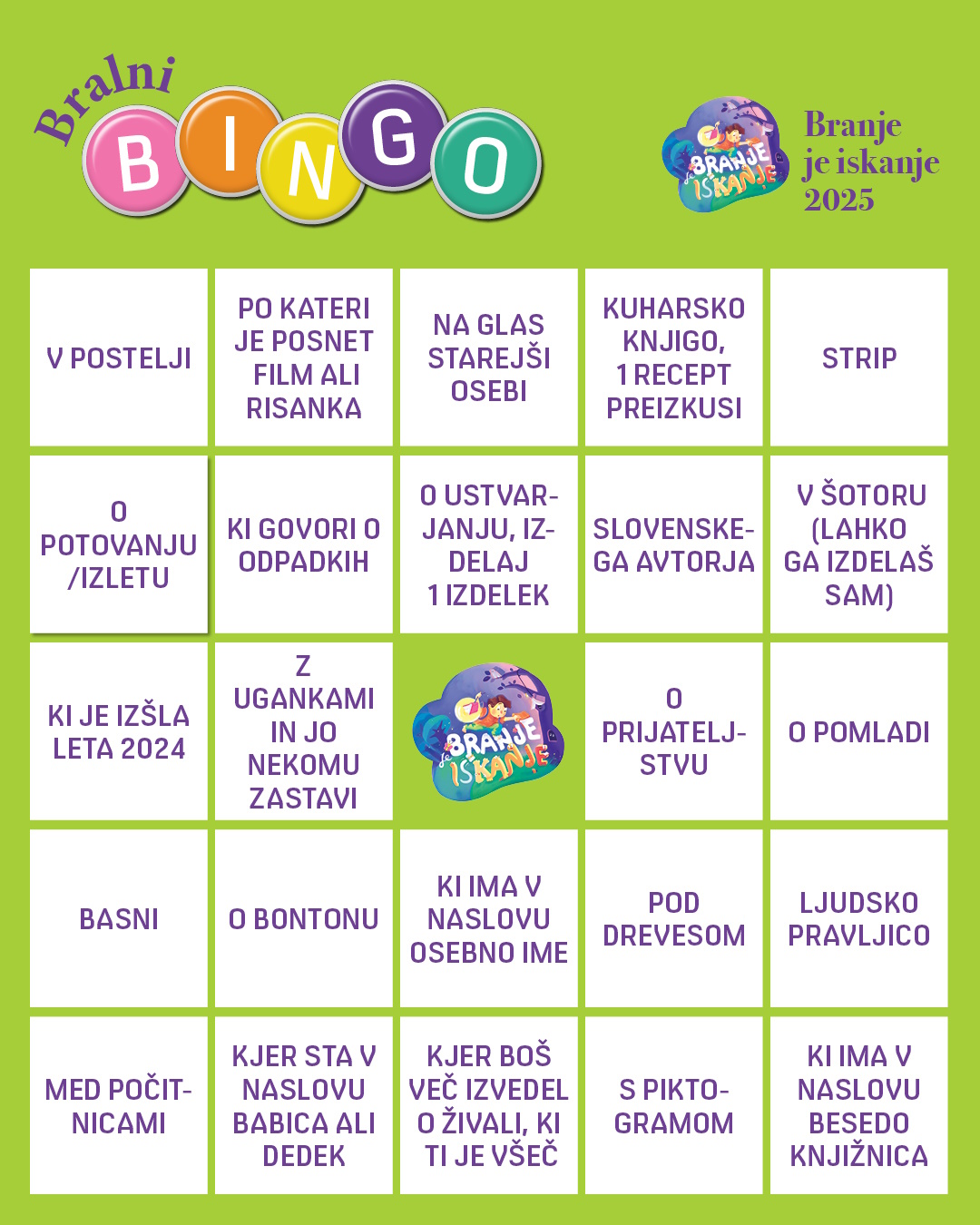 Bralni bingo-razpredelnica za sodelovanje v bralni dejavnosti. Navodila so objavljena spodaj