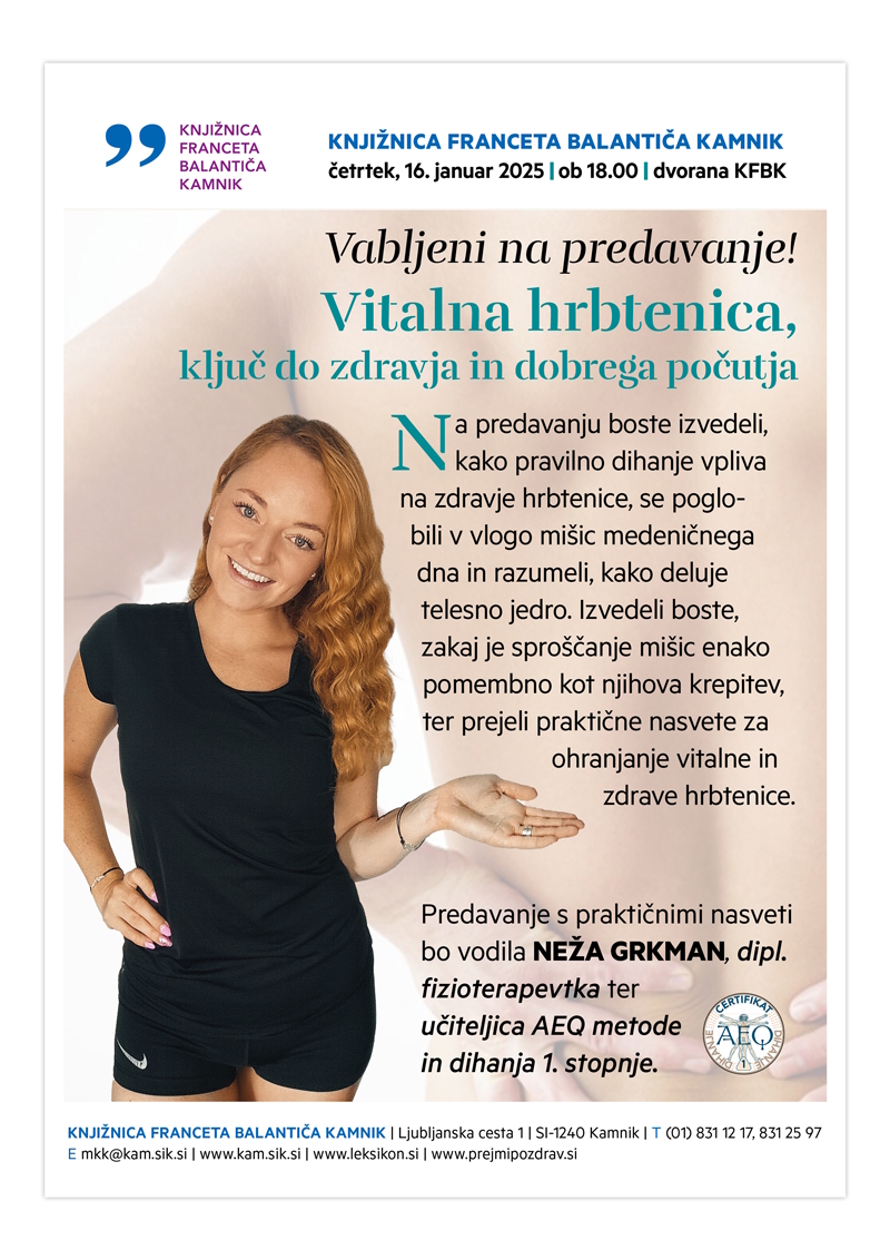 Vabilo na predavanje o vitalni hrbtenici, ki ga bo vodila Neža Grkman.