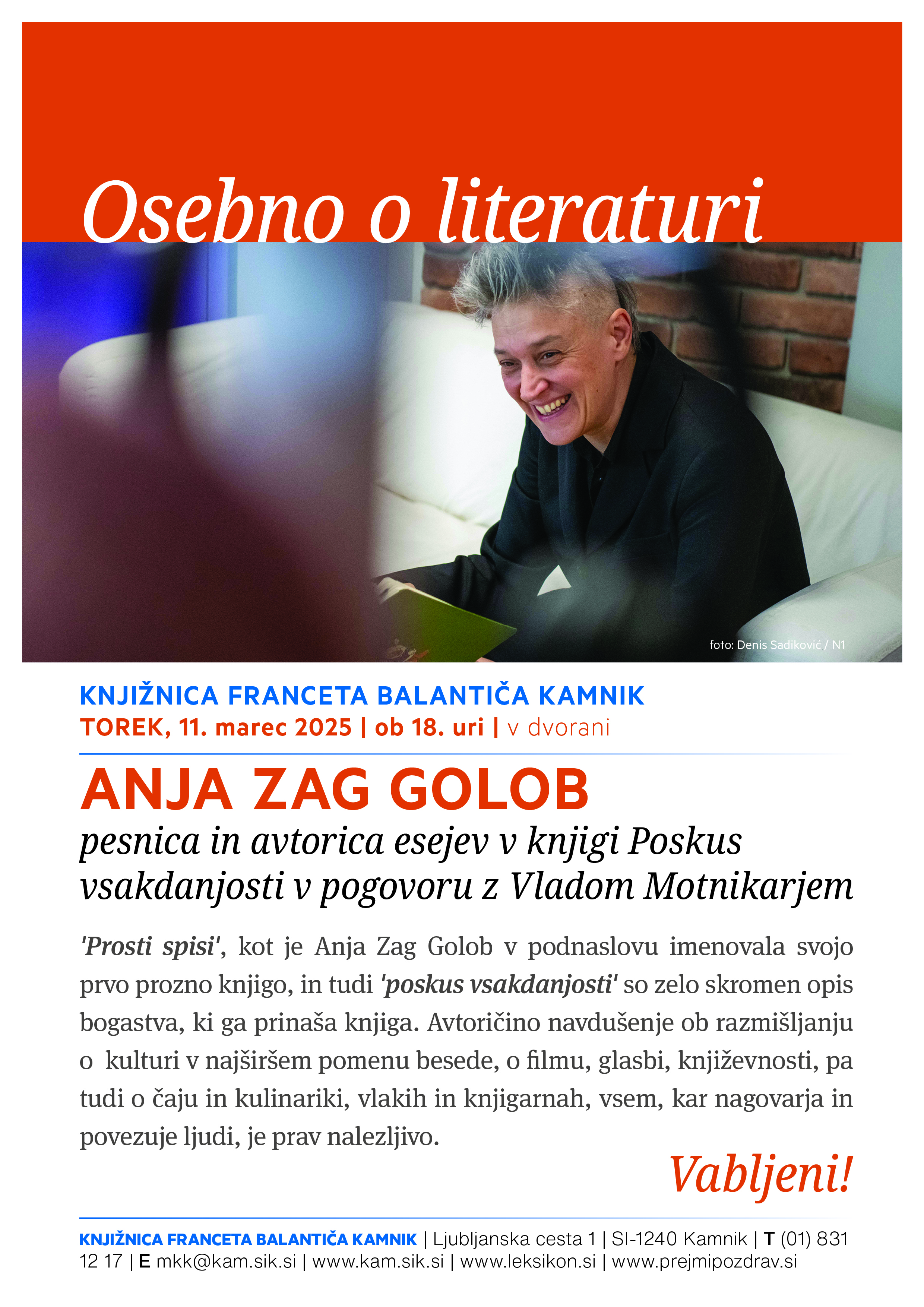 Vabilo na pogovor s pesnico Anjo Zag Golob. 