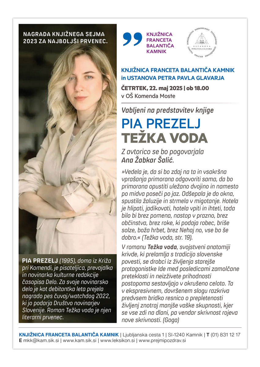 Vabilo na predstavitev knjige Pie Prezelj Težka voda.